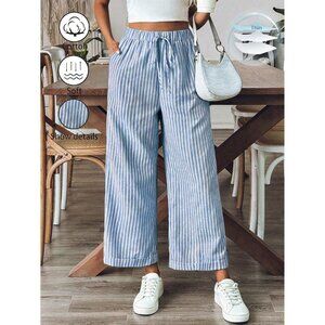 Wide leg striped boho pants drawstring tie waist blue white